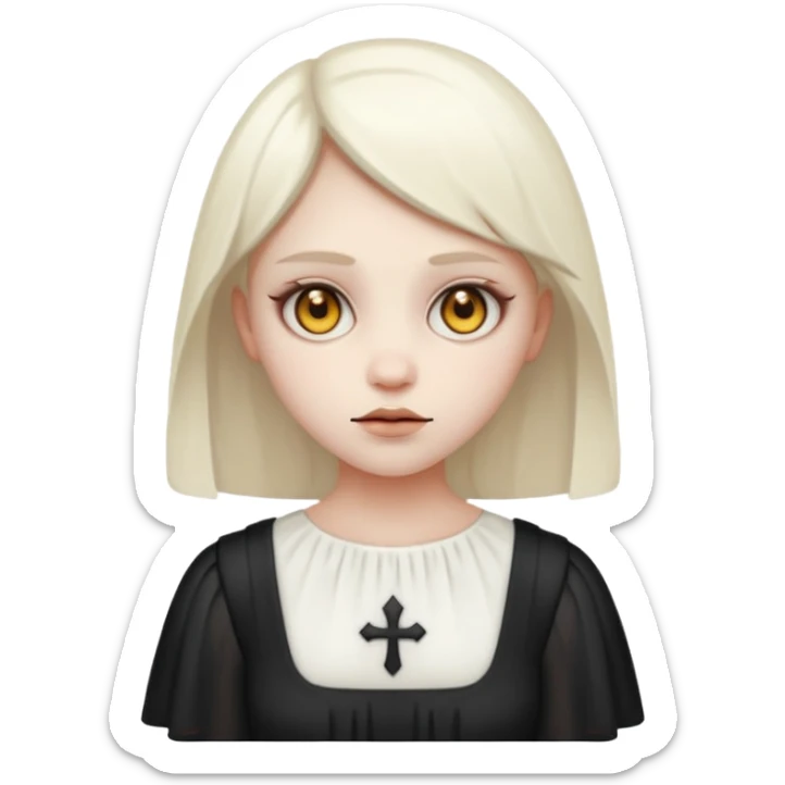 Stylized cult cartoon girl emoji, eerie-cute aesthetic, symmetrical design, subtle spooky vibe, glowing eyes, saying “AMILK”, bold graphic icon sticker