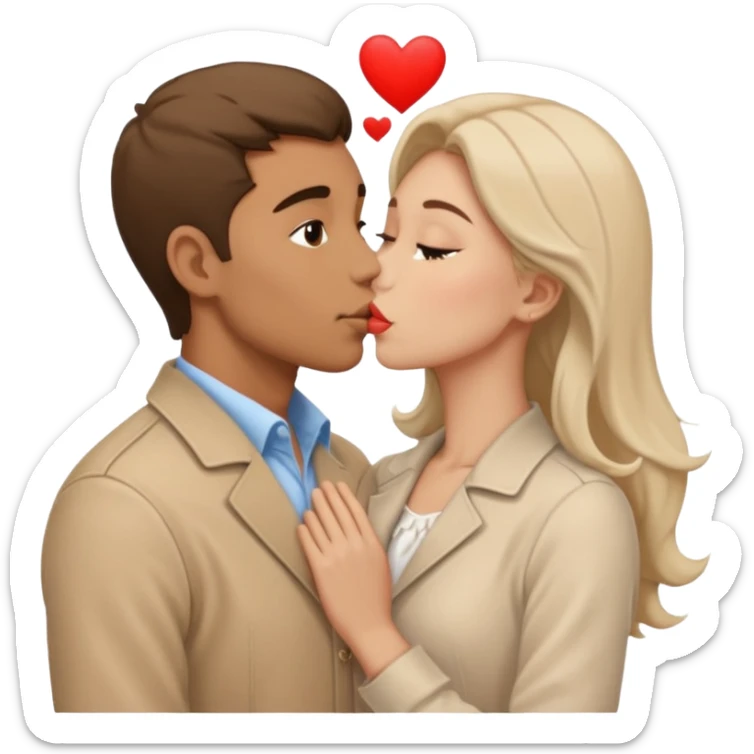 A man in pale beige clothes and a woman in pale beige clothes are kissing with white hearts sticker