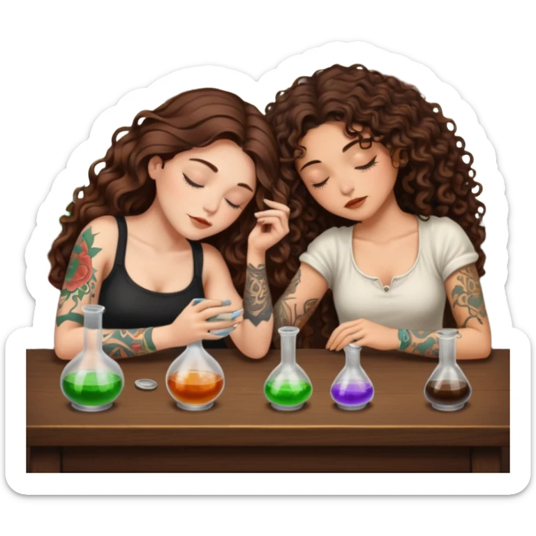 potion lab nap — long wavy brown hair tattooed woman and short tight curly brown hair woman — asleep at alchemy table sticker