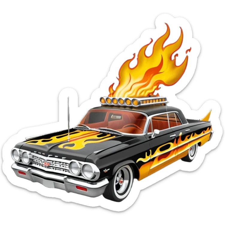 Hot rod custom 1964 impala low rider four door Anubis theme painted hood flaming side-pipes sticker