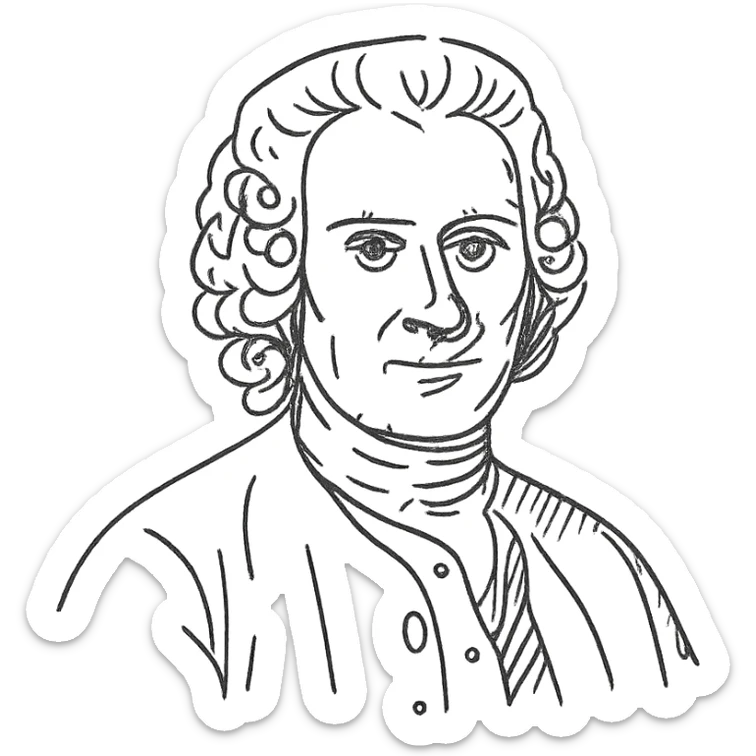 detailed black and white portrait of Jean-Jacques Rousseau, minimal handstrokes, clean hand-drawn outline style, no fill sticker