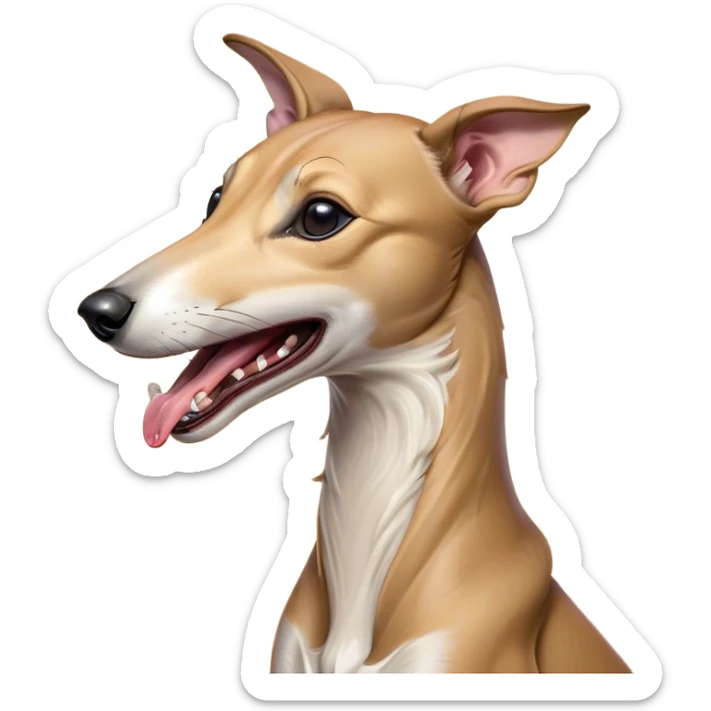 Cinematic Cute Yawning Fawn Greyhound Portrait Emoji, Head tilted slightly with a dramatic, wide-open yawn, showcasing a smooth fawn Fur with a refined finish, floppy ears slightly drooping, round eyes barely open in drowsy contentment, Simplified yet irresistibly adorable features, highly detailed, glowing with a soft, cozy glow, high shine, relaxed yet expressive, stylized with a touch of whimsy, bright and endearing, soft glowing outline, capturing the essence of a sleepy yet affectionate companion, so drowsy it feels like it could stretch out of the screen and curl up for a nap! sticker