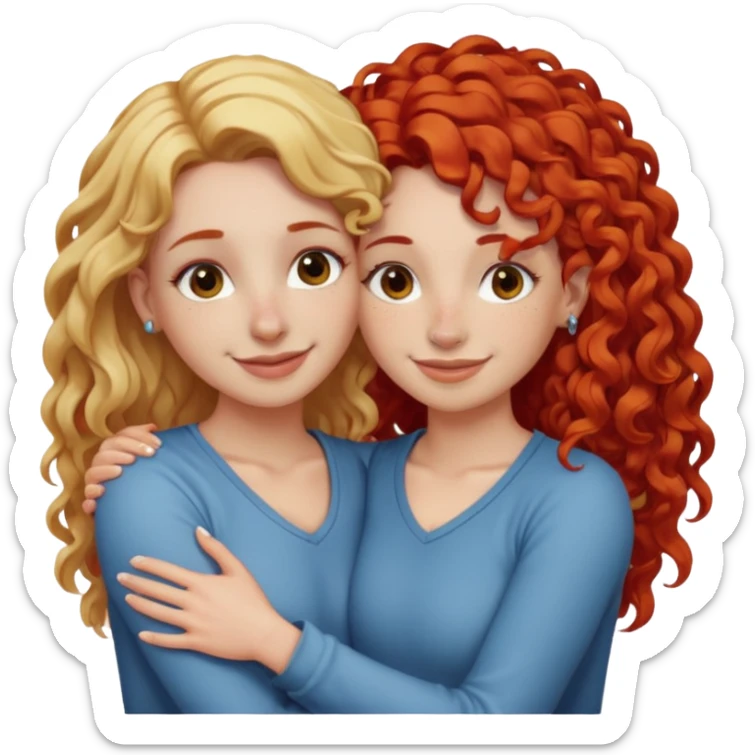 A woman with straight blonde hair and a nose piercing and a woman with curly red hair and a nose piercing are hugging and smiling together. sticker