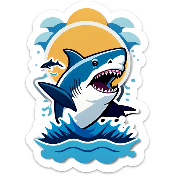 Shark swimming by a boat, and sticking its head out of the water.  sticker
