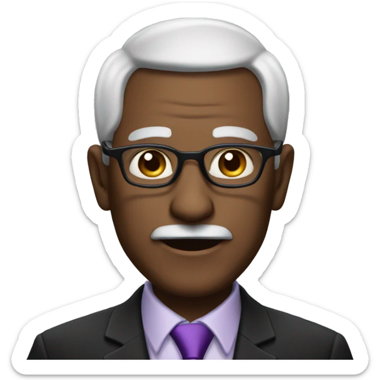 old man with barely any hair wearing a black suit with a purple tie and glasses sticker