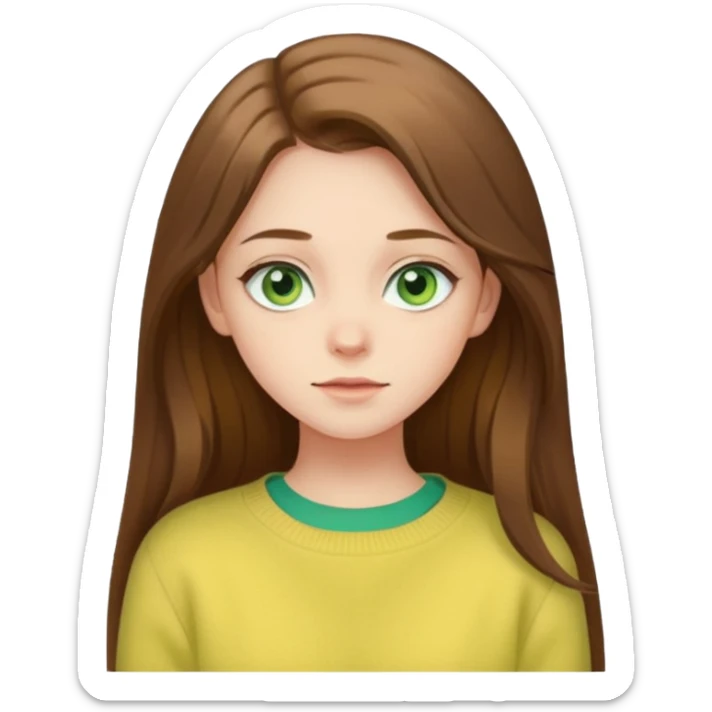 please create an emoji of a semi pale girl with long brown hair, green eyes, wearing a pastel yellow sweater sticker