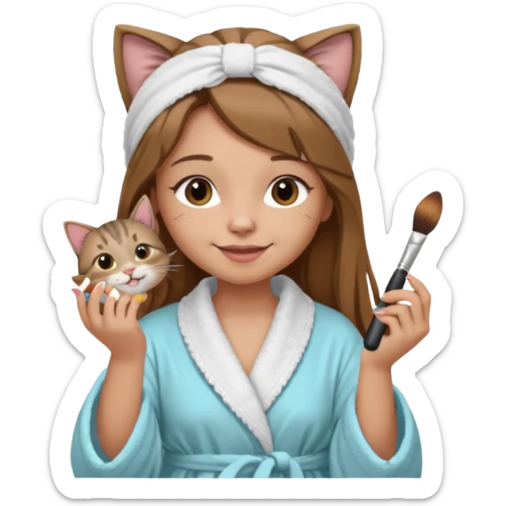 A image of a girl with light long brown hair wearing a bathrobe and headband doing her makeup with her chubby grey tabby cat. She is smiling sticker