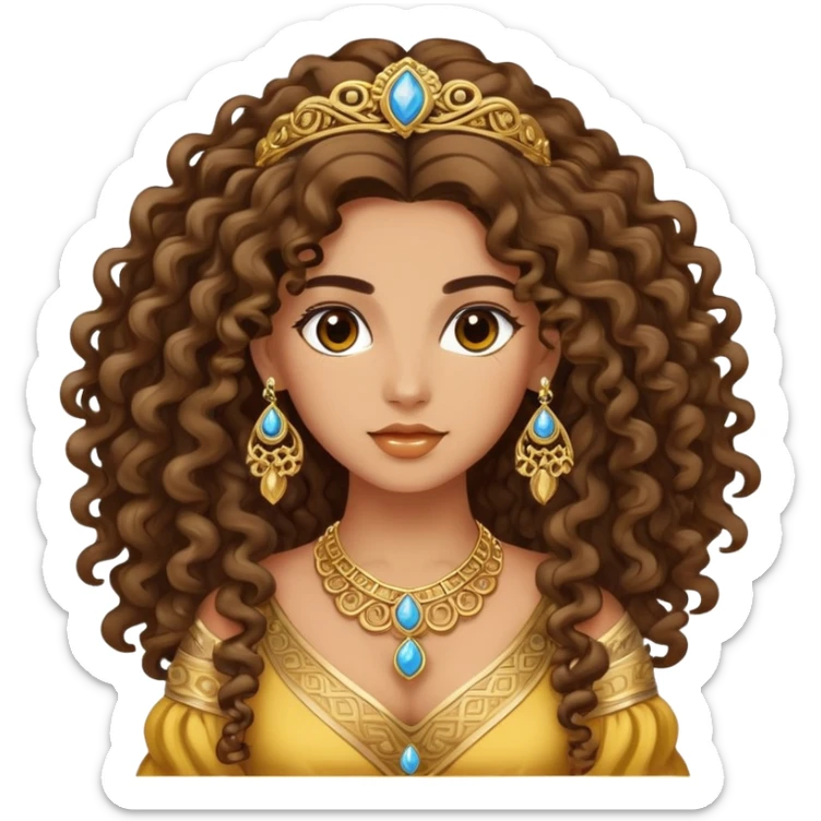 Beautiful Greek woman with very long puffy curly hair, wearing ornate gold jewelry and cute stylish clothes sticker