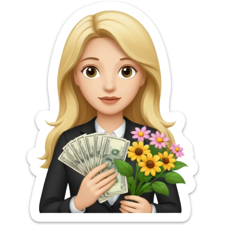 White woman with long hair blonde and brown eyes with money and flowers sticker