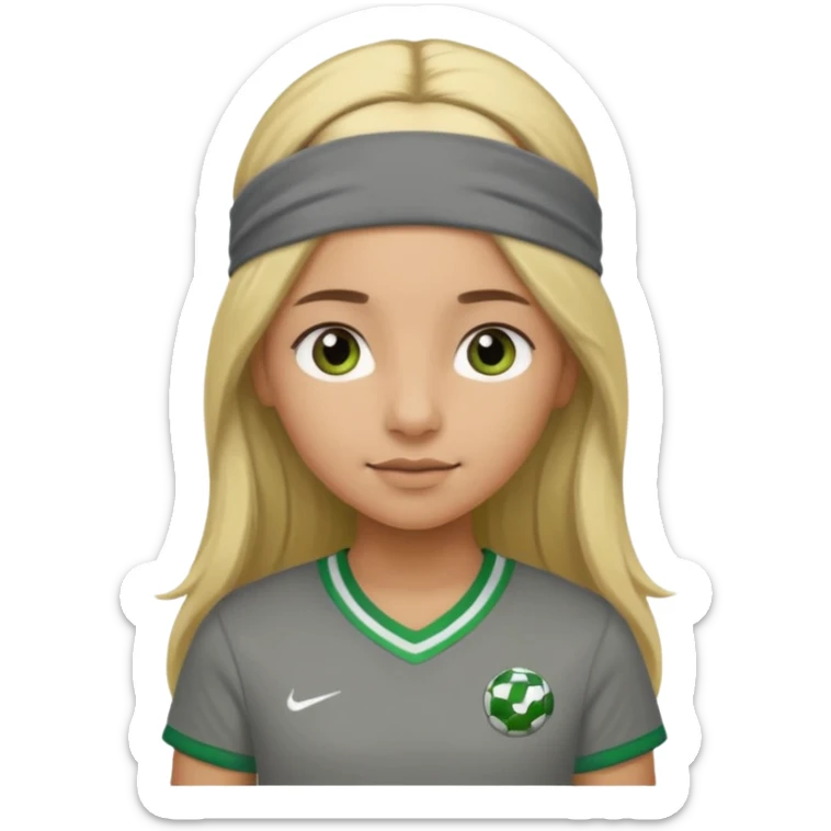 A light brown girl with a grey headband and long blond hair with a green football shirt sticker