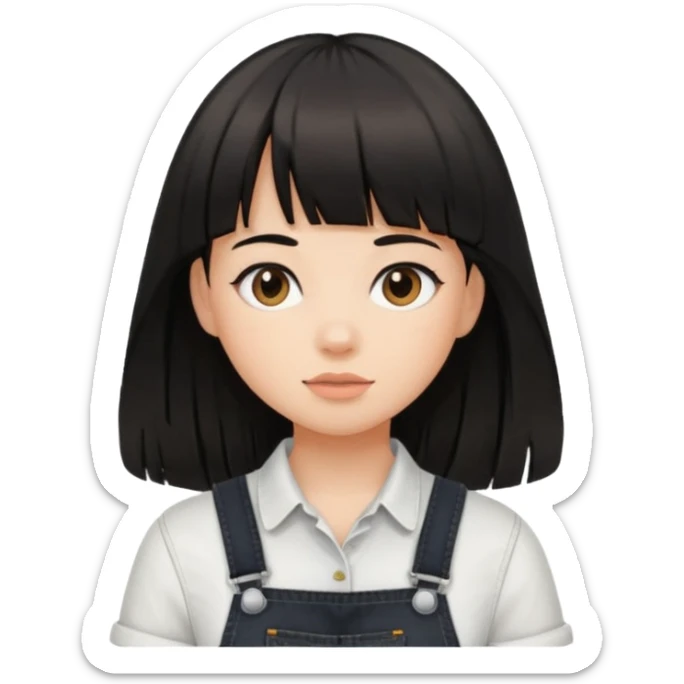 Make it a girl wil long hair like this and look like this  she has brown ish black hair and if has bangs with black overalls and a white shirt sticker