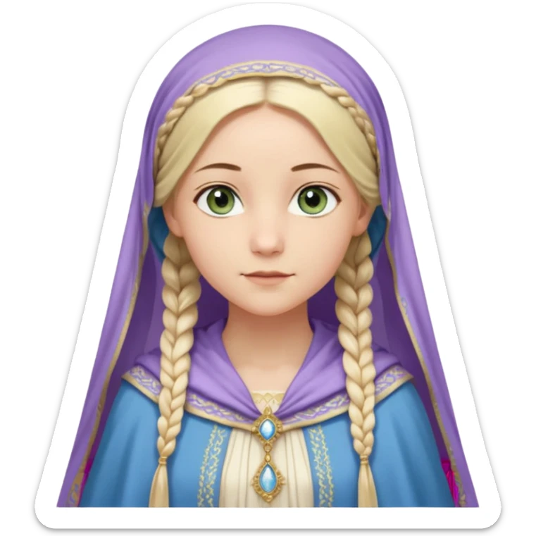 Joven de unos 30 años, de aspecto dulce y elegante.
Piel clara, ojos (pueden ser azules o verdes)
Rubio o castaño claro, largo, con trenzas o velo.
Vestido largo de tonos suaves (blanco, azul o lavanda), con bordados dorados; un manto o toca fina cubriendo la cabeza. Haz todo el cuerpo sticker