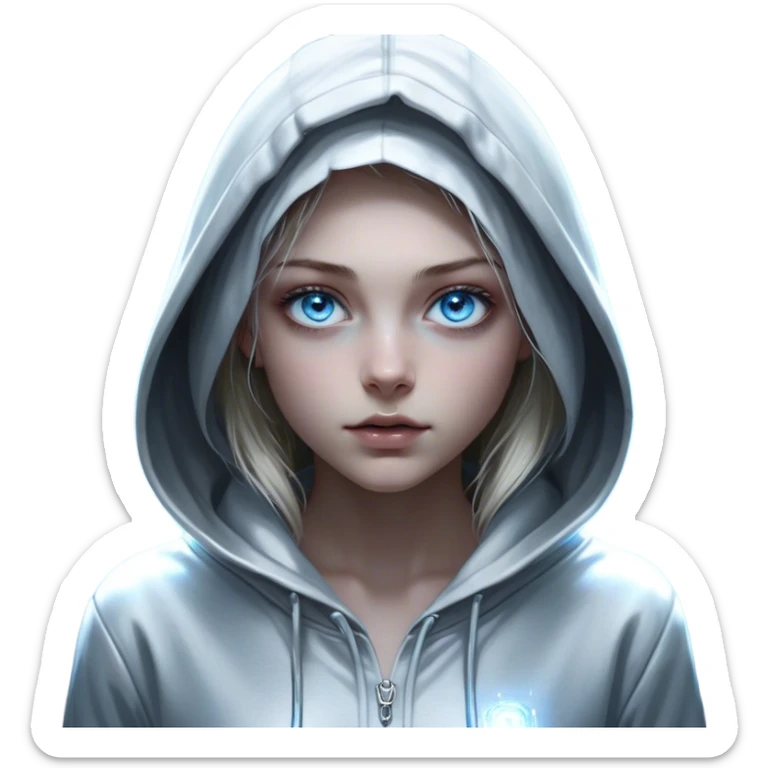 Cinematic girl with large sparkling blue eyes wearing a hoodie, Ultra realistic 32k HD, Breathtaking piece of art, rim lighting, hauntingly beautiful art, mostly greyscale, Balanced features, highly detailed digital artwork, glowing with silver light, glowing, high shine, deviant adoptable, highly detailed clothing, remembrance, a painting of white silver, fanciful, enchanting, ghostly, embodying the essence of both reality and fantasy, dreamy, dreamy glow, optical illusion, immaculate composition, complex pose, air composition. The image is so lifelike that it feels as though it could leap off the canvas at any moment sticker