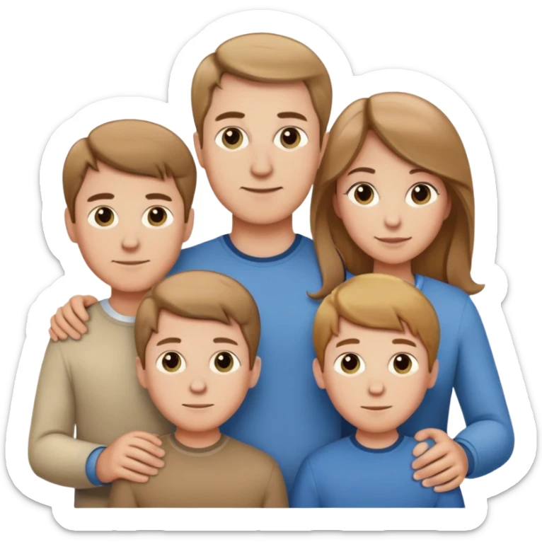 Family of 5 posed together, waist up, Caucasian, husband, wife, 3 boys, all with Light brown hair  sticker