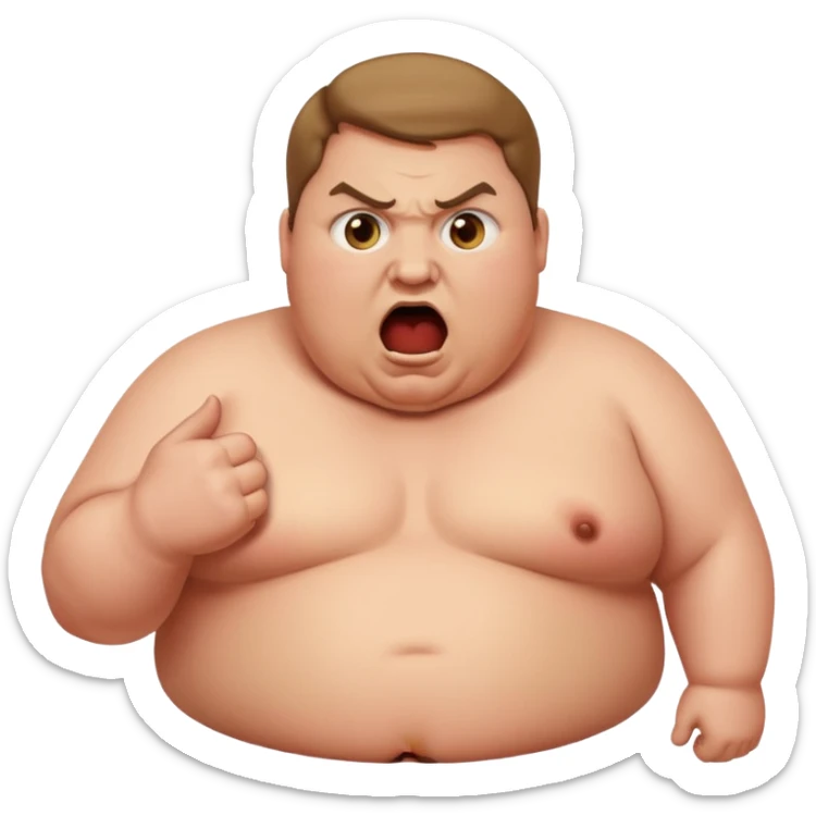 obese man bulging eyes, shouting angrily, 'PRONOUNS' at the top, Apple emoji style sticker