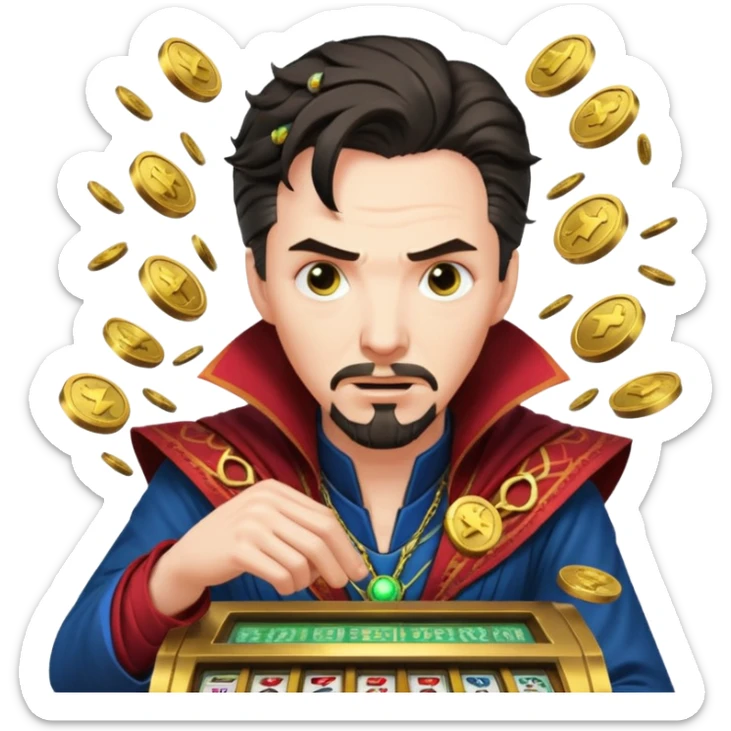 disheveled Doctor Strange losing money at a slot machine, panicked face, coins flying sticker