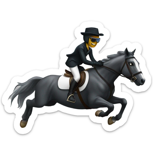 Horse jumping an obstacle with rider who’s in ghost costume with sunglasses sticker