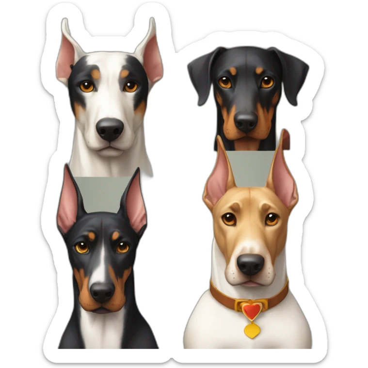 1 white doberman with a bow tie an other doberman with black fur and the last doberman with camel fur sticker
