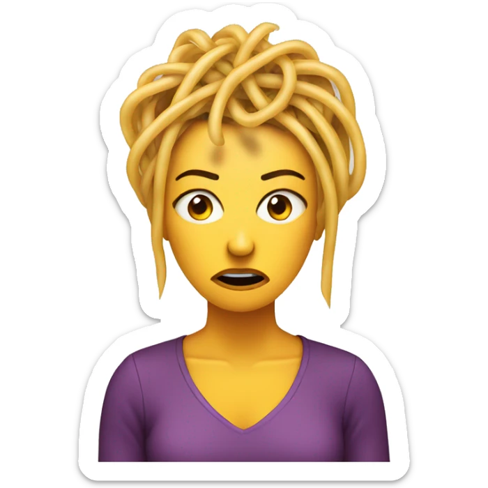 an angry woman’s face with spaghetti as hair sticker