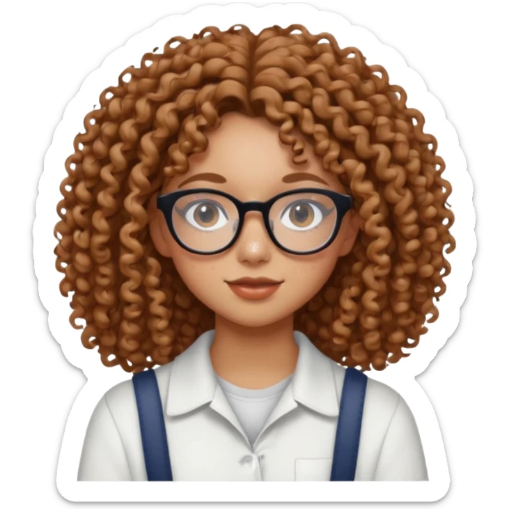 make a really curly hair, teen girl with glasses and little acne that looks like freckles longer like more than shoulder lengthcurly hair, and pretty withe makeup on giving clean girl vibes, and make her have tan skin

 sticker