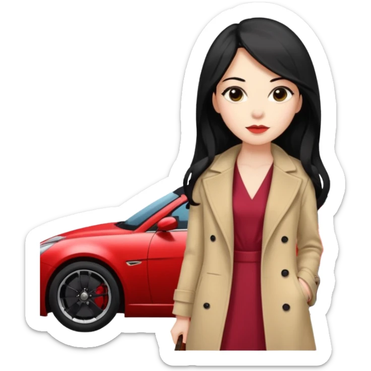 A fast, expensive black car with a young woman beside it The young woman has long black hair, wears a beige formal coat, and underneath is a cherry-colored dress.   sticker