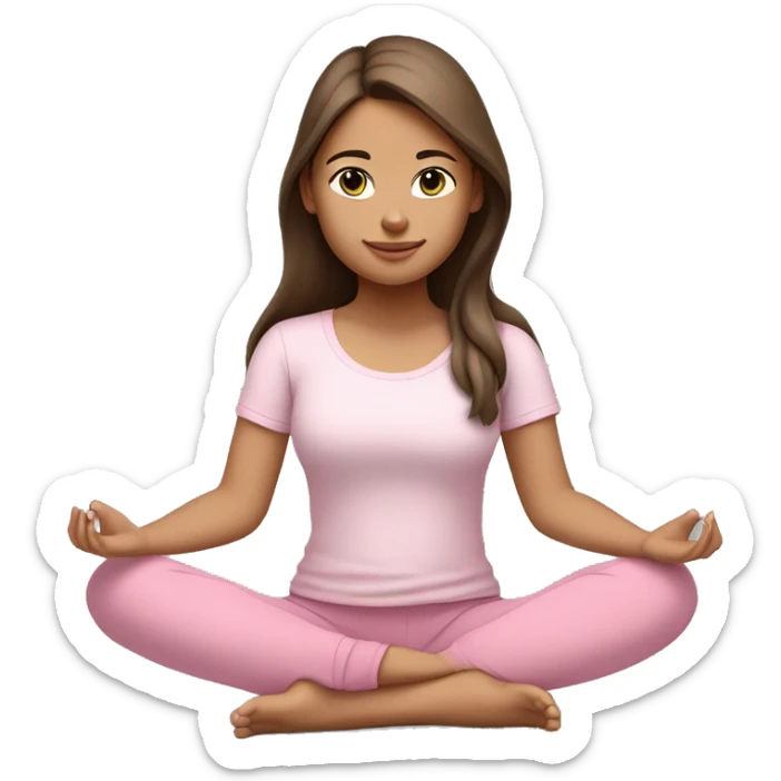 a girl with brown long hair, fair skin and green eyes, meditates in a relaxed lotus position in a comfortable monochrome pink top and monochrome pink leggings sticker