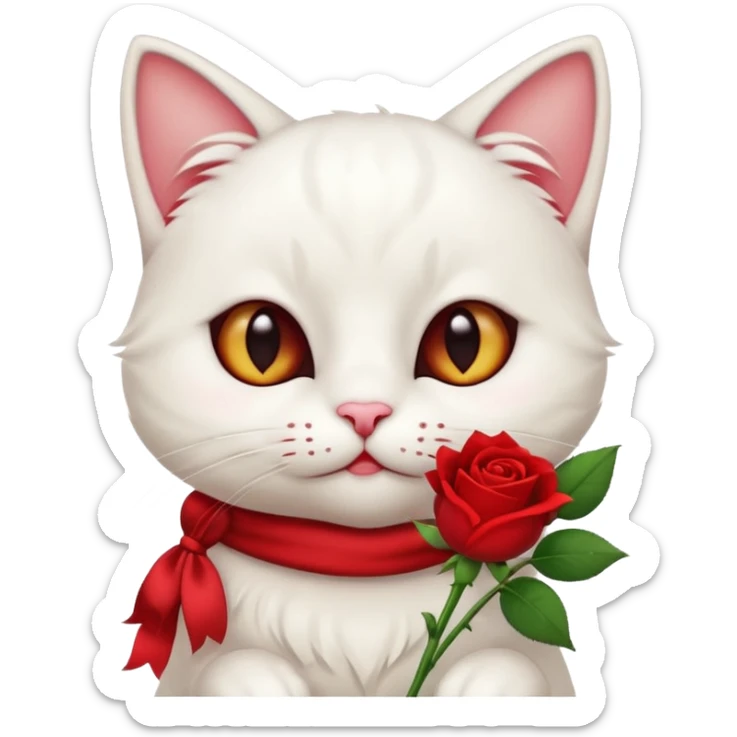 Cute emoji-style white cat holding a red rose in its mouth, big round eyes with visible white sclera, smaller pupils, soft warm brown irises, fluffy fur, clean mascot style, gentle cute expression, centered, transparent background, 1:1 ratio. sticker