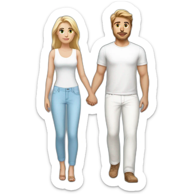 full body beautiful blonde woman wearing light-blue pants holding hands with full body man with medium brown hair wearing white pants sticker