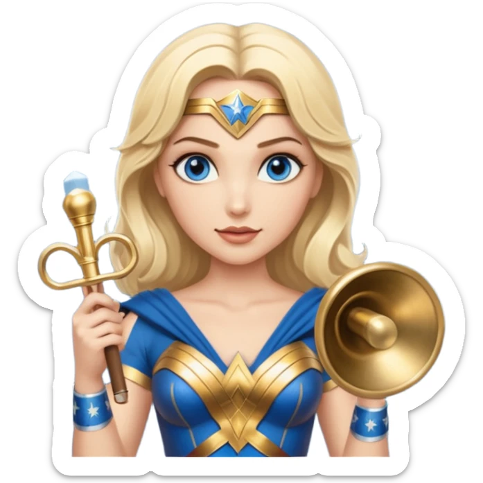 Blonde blue eyed Wonder Woman holding white orchestra conductor’s baton and bell sticker