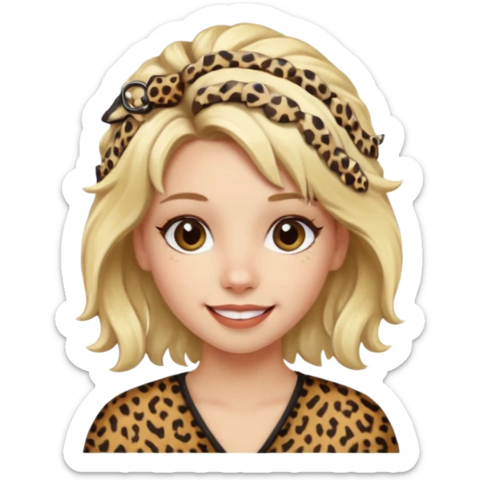 Une fille blonde et joyeuse. Elle porte une coiffure rock et originale avec des barrettes pour cheveux  léopard et motif peau de vache. sticker