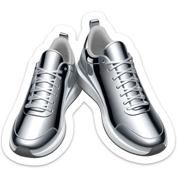 A pair of futuristic sneakers emoji made of silver chrome, sleek streetwear design, smooth metallic panels, subtle reflections, luxury swag aesthetic, iOS emoji style, centered, clean white background sticker