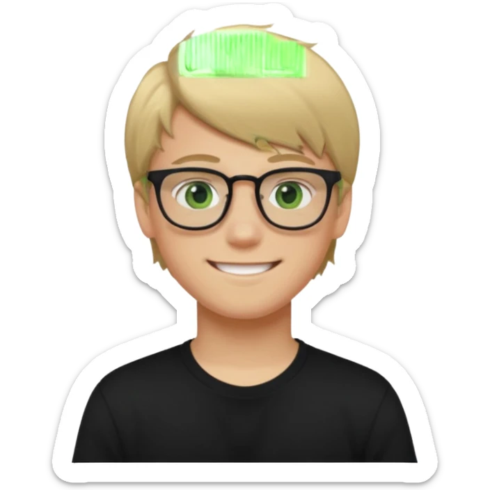 Generate me a profile picture like with a teenage boy who has dirty blond hair, green eyes, glasses and a black t-shirt sticker