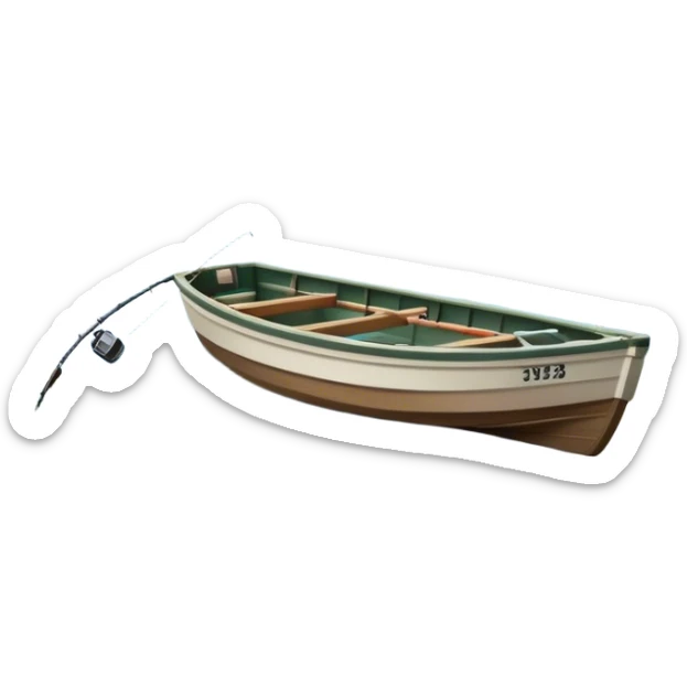 Icon for Fishing: a boat on the shore of a serene lake, including trees and water, with a scenic natural background, a fishing rod and tackle box. The icon should represent the peacefulness of fishing. Transparent background, no border. sticker
