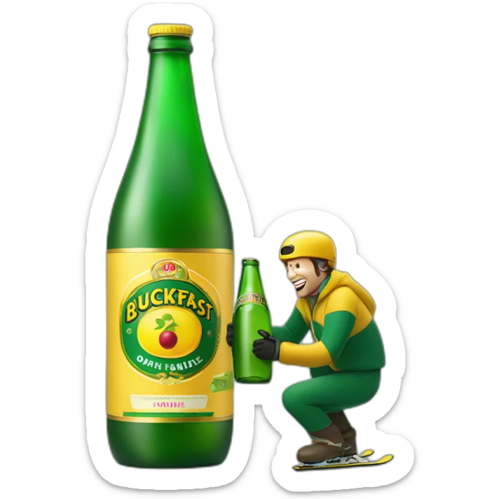 Man ski grinding over a giant green bottle of buckfast tonic wine with yellow label sticker