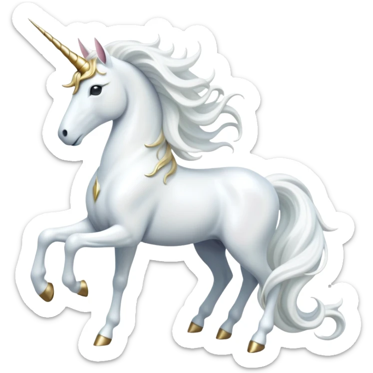 cinematic-beautiful-white-unicorn-full body-emoji,-poised-and-regal,-with-a-slender,-ethereal-form-draped-in-a-pristine-white-color,-a-flowing-mane-and-tail,-and-a-glistening,-spiraled-horn-that-radiates-pure-light,-simplified-yet-sharp-and-majestic, zoomed out to show a majestic unicorn sticker