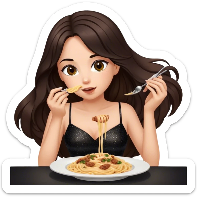 Beautiful woman in 1950’s woman fashion look, black shimmery dress, long dark brown hair, Carbonara sticker