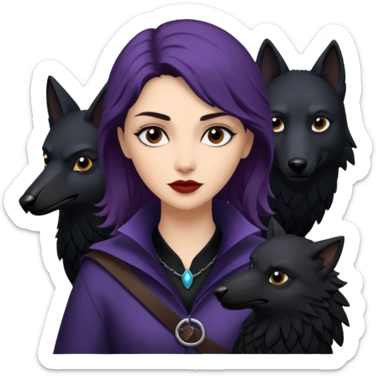 Alysanne Blackwood from Game of Thrones. She is known as black aly and is the Wife of Cregan Stark. I have her looking like Hande Erçel. Show her with a raven and a wolf sticker