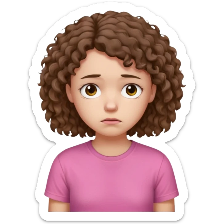 Young girl with unkempt curly hair and a pink T-shirt, looking sad and discouraged sticker