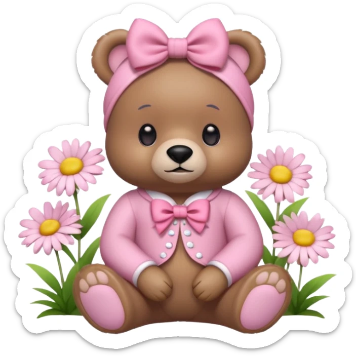 kawaii bear with a pink bow and pink outfit, sitting with flowers and daisies, adorable expression, pastel pink background, 3D iOS emoji style sticker
