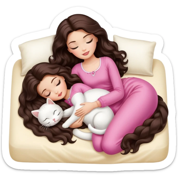 White Barbie girl dark brown long wavy hair sleeping with white kitty at cream bed sticker