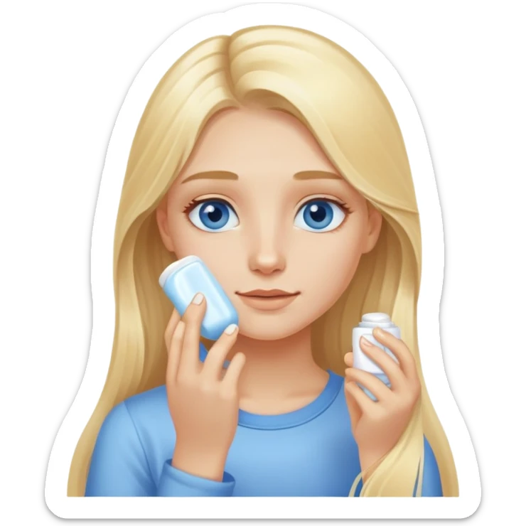 Skincare night blonde girl with long hair and blue eyes putting lotion on her face sticker