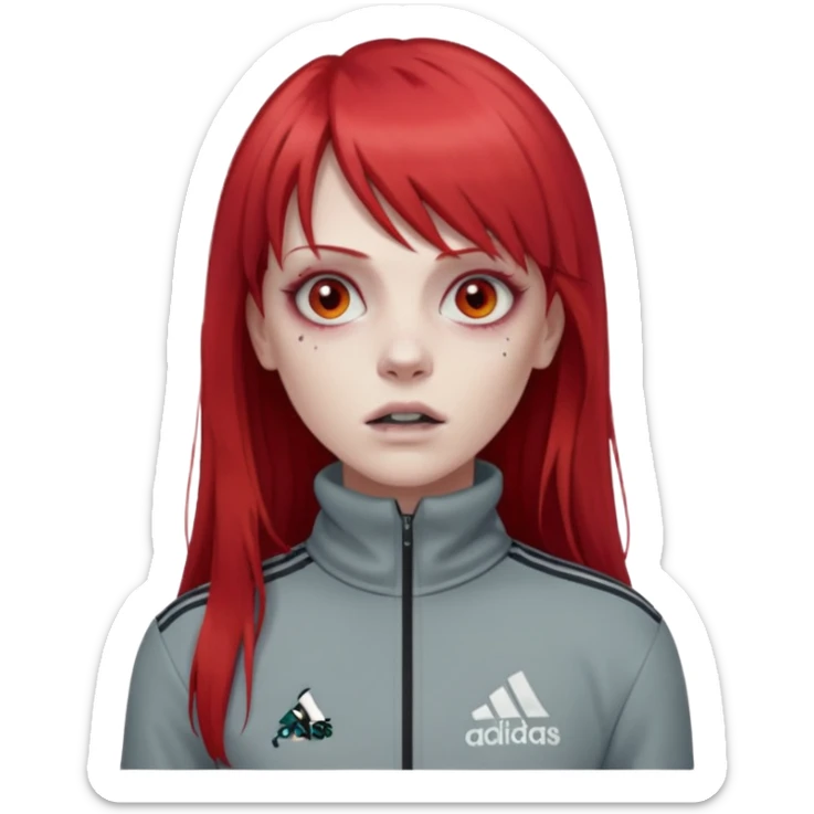 Crie um emoji de uma menina zumbi  com o cabelo vermelho longo com uma franja reta casaco de gola alta da adidas sticker