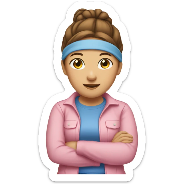 A white woman with brown hair in pony tail wearing pink headband, pink t shirt and blue overalls  sticker