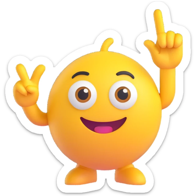 A yellow round emoji character with big eyes and a confident smile, clearly pointing both index fingers at itself. Strong “ME!” expression. Bold cartoon style, isolated on white sticker