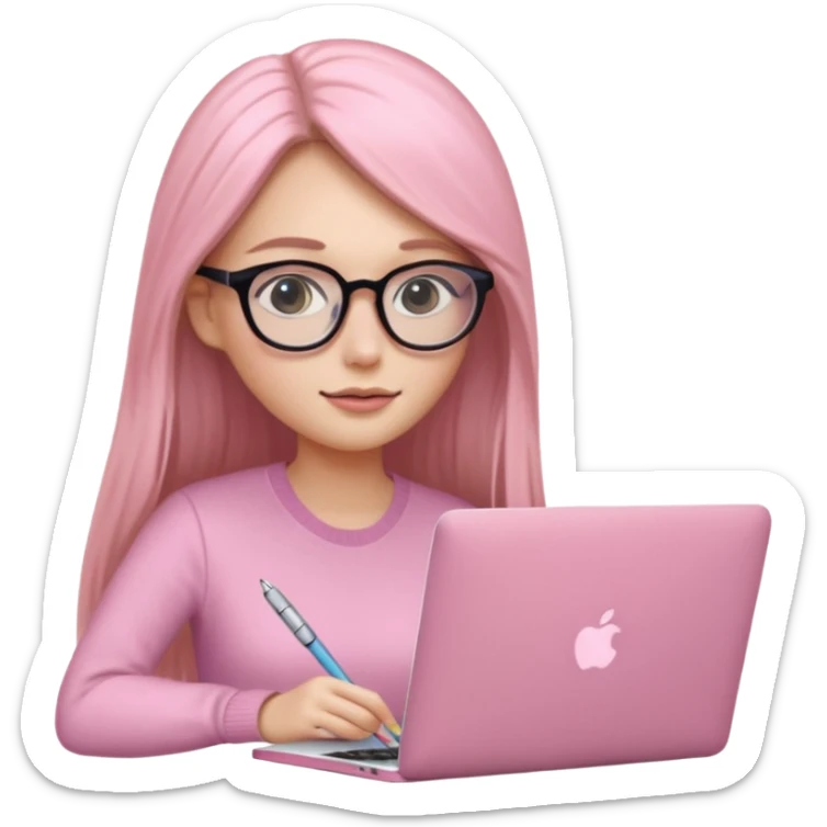 Mujer lacia peli larga y peli larga  en una MacBook rosa investigando y haciendo tareas con un libro de apuntes y con cara muy linda como modelo sticker