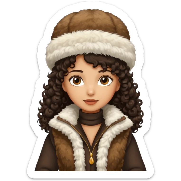 "A girl with curly dark hair 👩🏻‍🦱, wearing a fur hat 👒🦊 and a fur vest 🧥, standing in the snow ❄️ with pine trees 🌲 in the background, holding a Bashkir dombyra 🎶. Emoji style." sticker