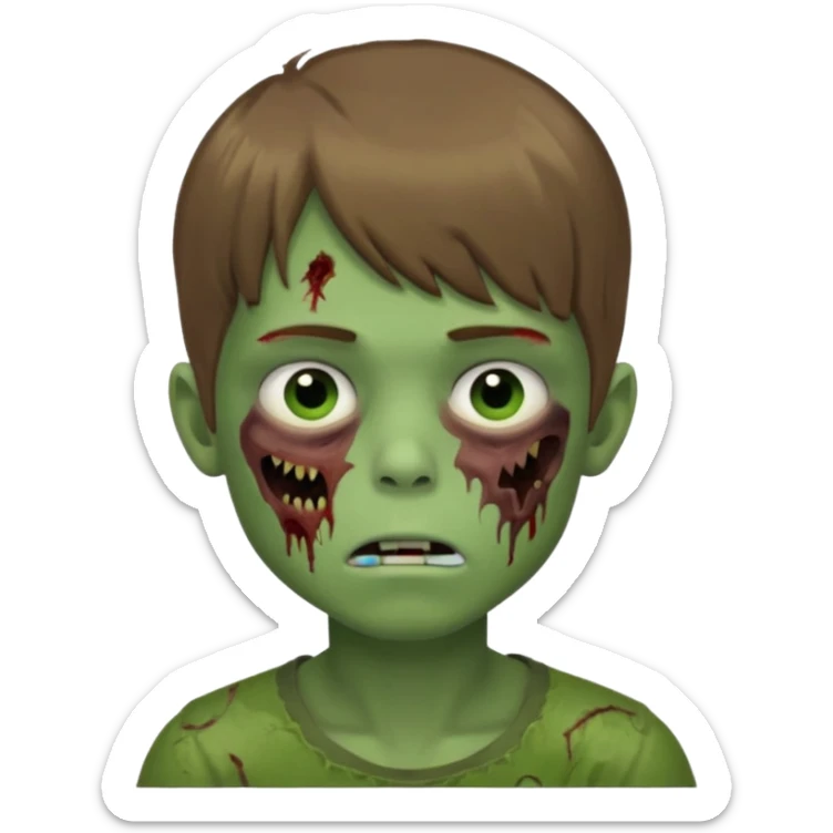 quero um emoji de um menino com pele de zumbi cabelo castanho claro e de franja olhos menores boca fechada pele verde  sticker