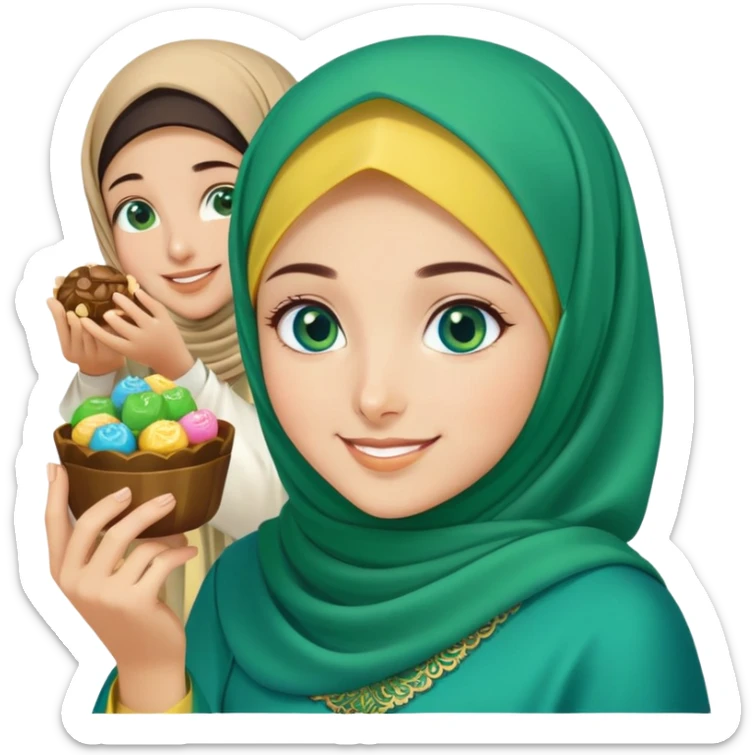 Turkish beautiful finish Konya girl blue eyes with green emerald yellow hijab islamic dress and had on her hand text Eid Mubarak with sweets and celebrating with her friends eid days   sticker