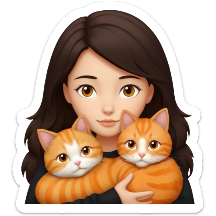 dark-black-brown-hair-to-shoulder girl with brown eyes snuggled with orange tabby cat sticker