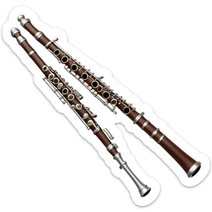 Cinematic Realistic Oboe, slender and elegant dark wood body, silver-plated keys catching soft highlights, delicate reed resting at the top, glowing with refined and classical beauty. sticker